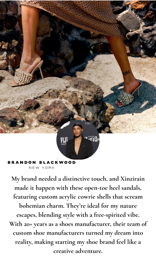 Bohemian cowrie shell heel sandals by Brandon Blackwood, custom made by XINGZIRAIN, professional shoe manufacturer